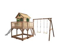 AXI Casa de juegos Liam con arenero, columpio doble y Tobogan blanco | Casa zancudo XXL en marron y verde de madera FSC para ninos | Torre de juegos con Tobogan de olas para el jardin
