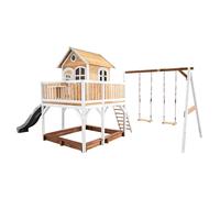 AXI Casa de juegos Liam con arenero, columpio doble y Tobogan gris | Casa zancudo XXL en marron y blanco de madera FSC para ninos | Torre de juegos con Tobogan de olas para el jardin