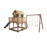 AXI Casa de juegos Liam con arenero, columpio doble y Tobogan gris | Casa zancudo XXL en marron y verde de madera FSC para ninos | Torre de juegos con Tobogan de olas para el jardin