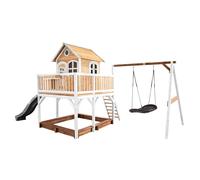 AXI Casa de juegos Liam con arenero, columpio nido y Tobogan gris | Casa zancudo XXL en marron y blanco de madera FSC para ninos | Torre de juegos con Tobogan de olas para el jardin