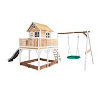 AXI Casa de juegos Liam con arenero, columpio nido y Tobogan gris | Casa zancudo XXL en marron y blanco de madera FSC para ninos | Torre de juegos con Tobogan de olas para el jardin