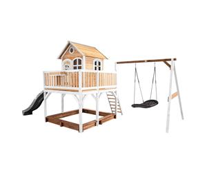 AXI Casa de juegos Liam con arenero, columpio nido y Tobogan gris | Casa zancudo XXL en marron y blanco de madera FSC para ninos | Torre de juegos con Tobogan de olas para el jardin