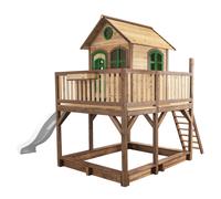 AXI Casa de juegos Liam con arenero y Tobogan blanco | Casa zancudo XXL en marron y verde de madera FSC para ninos | Torre de juegos con Tobogan de olas para el jardin
