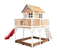 AXI Casa de juegos Liam con arenero y Tobogan rojo | Casa zancudo XXL en marron y blanco de madera FSC para ninos | Torre de juegos con Tobogan de olas para el jardin