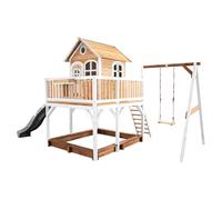 AXI Casa de juegos Liam con cajon de arena, columpio y Tobogan gris | Casa zancudo XXL en marron y blanco de madera FSC para ninos | Torre de juegos con Tobogan de olas para el jardin