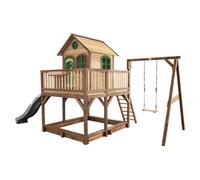 AXI Casa de juegos Liam con cajon de arena, columpio y Tobogan gris | Casa zancudo XXL en marron y verde de madera FSC para ninos | Torre de juegos con Tobogan de olas para el jardin