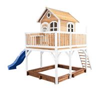AXI Casa de juegos Liam con cajon de arena y Tobogan azul | Casa zancudo XXL en marron y blanco de madera FSC para ninos | Torre de juegos con Tobogan de olas para el jardin