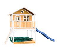 AXI Casa de juegos Marc con arenero y Tobogan azul | Casa zanco en marron y blanco de madera FSC para ninos | Torre de juegos con Tobogan de olas para el jardin