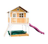 AXI Casa de juegos Marc con arenero y Tobogan morado | Casa zancudo en marron y blanco de madera FSC para ninos | Torre de juegos con Tobogan de olas para el jardin