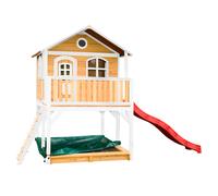AXI Casa de juegos Marc con arenero y Tobogan rojo | Casa zanco en marron y blanco de madera FSC para ninos | Torre de juegos con Tobogan de olas para el jardin