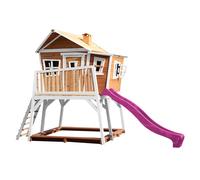 AXI Casa de juegos Max con arenero y Tobogan morado | Casa zancudo en marron y blanco de madera FSC para ninos | Torre de juegos con Tobogan de olas para el jardin