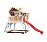 AXI Casa de juegos Max con arenero y Tobogan rojo | Casa zanco en marron y blanco de madera FSC para ninos | Torre de juegos con Tobogan de olas para el jardin