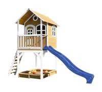 AXI Casa de juegos Sarah con arenero y Tobogan azul | Casa zancudo en marron y blanco de madera FSC para ninos | Torre de juegos con Tobogan de olas para el jardin
