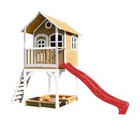 AXI Casa de juegos Sarah con arenero y Tobogan rojo | Casa zancudo en marron y blanco de madera FSC para ninos | Torre de juegos con Tobogan de olas para el jardin