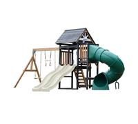 AXI Cody Parque infantil de madera, 2 columpios, Tobogan tubular y doble Tobogan color crema | Casita XXL para ninos con estructura de escalada y trapecio | Para el jardin