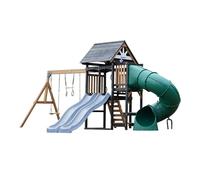 AXI Cody Parque Infantil de Madera, 2 Columpios, Tobogan Tubular y Tobogan Doble Azul Pastel | Casita XXL para ninos con Estructura de Escalada y Trapecio | para el Jardin.