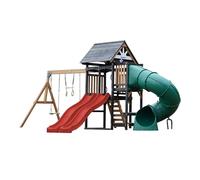 AXI Cody Parque Infantil de Madera, 2 Columpios, Tobogan Tubular y Tobogan Doble Rojo | Casita XXL para ninos con Estructura de Escalada y Trapecio | para el Jardin.