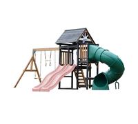 AXI Cody Parque infantil de madera, 2 columpios, Tobogan tubular y Tobogan doble rosa pastel | Casita XXL para ninos con estructura de escalada y trapecio | Para el jardin