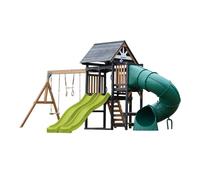 AXI Cody Parque infantil de madera, 2 columpios, Tobogan tubular y Tobogan doble verde limon | Casita XXL para ninos con estructura de escalada y trapecio | Para el jardin