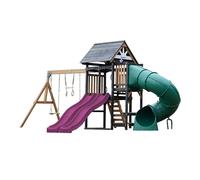 AXI Cody Parque Infantil de Madera, 2 Columpios, Tobogan Tubular y Tobogan Doble Violeta | Casita XXL para ninos con Estructura de Escalada y Trapecio | para el Jardin.