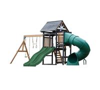AXI Cody Parque infantil de madera con 2 columpios, Tobogan tubular y Tobogan doble verde | Casita XXL para ninos con estructura de escalada y trapecio | Para el jardin