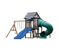 AXI Cody Zona de juegos de madera, 2 columpios, Tobogan tubular y Tobogan doble azul | Casita XXL para ninos con estructura de escalada y trapecio | Para el jardin