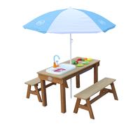 AXI Dennis Mesa de picnic de agua y arena para ninos hecha de madera | Con bancos, tapa, recipientes y fregadero |Marron con parasol