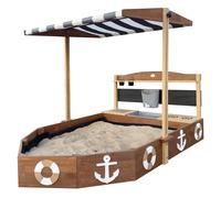 AXI Dora Cubo de arena barco - madera | Antracita y marron con cocina de juguete, pizarra y dos jardineras | 160 x 100 x 110 cm