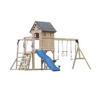 AXI Duncan Parque infantil de madera, 2 columpios, 1 Tobogan - azul | Casita / equipamiento de juegos XXL para ninos con estructura de escalada, barras fijas y trapecio | Para el jardin / exterior