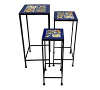 AXI Eline Mesita cuadrada para plantas con mosaico azul/amarillo Juego de 3 piezas | Mesita de jardin de metal para plantas, ideal para jardin, balcon o terraza