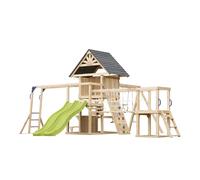 AXI Hunter Parque infantil de madera, 2 columpios, Tobogan doble, amarillo | Casita XXL / equipamiento de juegos para ninos con estructura de escalada, puente colgante y trapecio