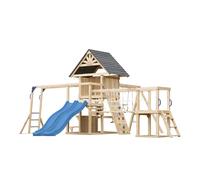 AXI Hunter Parque infantil de madera, 2 columpios, Tobogan doble, azul | Casita XXL / equipamiento de juegos para ninos con estructura de escalada, puente colgante y trapecio