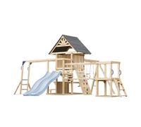 AXI Hunter Parque infantil de madera, 2 columpios, Tobogan doble, azul pastel | Casita XXL / equipamiento de juegos para ninos con estructura de escalada, puente colgante y trapecio