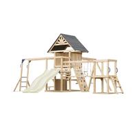 AXI Hunter Parque infantil de madera, 2 columpios, Tobogan doble, color crema | Casita XXL / equipamiento de juegos para ninos con estructura de escalada, puente colgante y trapecio