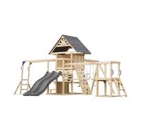 AXI Hunter Parque infantil de madera, 2 columpios, Tobogan doble, gris | Casita XXL / equipamiento de juegos para ninos con estructura de escalada, puente colgante y trapecio