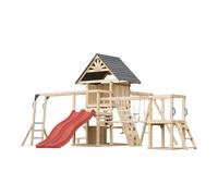AXI Hunter Parque infantil de madera, 2 columpios, Tobogan doble, rojo | Casita XXL / equipamiento de juegos para ninos con estructura de escalada, puente colgante y trapecio