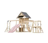 AXI Hunter Parque Infantil de Madera, 2 Columpios, Tobogan Doble, Rosa Pastel | Casita XXL/Equipamiento de Juegos para ninos con Estructura de Escalada, Puente Colgante y Trapecio.