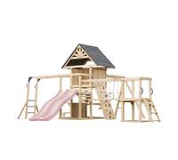 AXI Hunter Parque infantil de madera, 2 columpios, Tobogan doble, rosa pastel | Casita XXL / equipamiento de juegos para ninos con estructura de escalada, puente colgante y trapecio