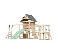 AXI Hunter Parque infantil de madera, 2 columpios, Tobogan doble, verde pastel | Casita XXL / equipamiento de juegos para ninos con estructura de escalada, puente colgante y trapecio
