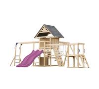 AXI Hunter Parque infantil de madera, 2 columpios, Tobogan doble, violeta | Casita XXL / equipamiento de juegos para ninos con estructura de escalada, puente colgante y trapecio