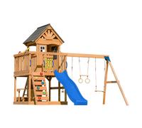 AXI Jack Parque infantil de madera en marron | Torre de Parques con arenero, trapecio, columpio doble y Tobogan azul | Casita de Parques sobre pilotes para el jardin