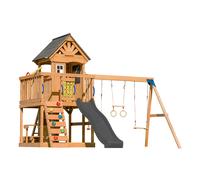 AXI Jack Parque infantil de madera en marron | Torre de Parques con arenero, trapecio, columpio doble y Tobogan gris | Casita de Parques sobre pilotes para el jardin