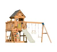 AXI Jack Parque infantil de madera en marron | Torre de Parques con arenero, trapecio, columpio doble y Tobogan Crema | Casita de Parques sobre pilotes para el jardin
