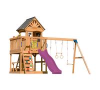 AXI Jack Parque infantil de madera en marron | Torre de Parques con arenero, trapecio, columpio doble y Tobogan morado | Casita de Parques sobre pilotes para el jardin
