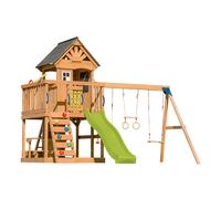 AXI Jack Parque infantil de madera en marron | Torre de Parques con arenero, trapecio, columpio doble y Tobogan verde lima | Casita de Parques sobre pilotes para el jardin