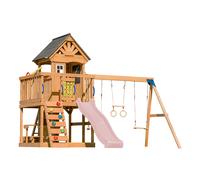 AXI Jack Parque infantil de madera en marron | Torre de Parques con arenero, trapecio, columpio doble y Tobogan Rosa Pastel | Casita de Parques sobre pilotes para el jardin
