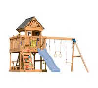 AXI Jack Parque infantil de madera en marron | Torre de Parques con arenero, trapecio, columpio doble y Tobogan Azul Pastel | Casita de Parques sobre pilotes para el jardin