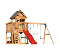 AXI Jack Parque infantil de madera en marron | Torre de Parques con arenero, trapecio, columpio doble y Tobogan rojo | Casita de Parques sobre pilotes para el jardin