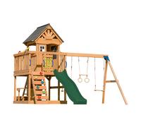 AXI Jack Parque infantil de madera en marron | Torre de Parques con arenero, trapecio, columpio doble y Tobogan verde | Casita de Parques sobre pilotes para el jardin