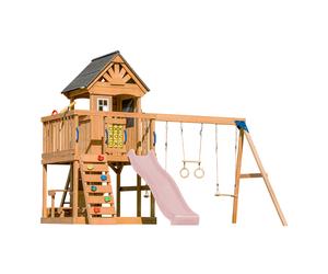 AXI Jack Parque infantil de madera en marron | Torre de Parques con arenero, trapecio, columpio doble y Tobogan Rosa Pastel | Casita de Parques sobre pilotes para el jardin